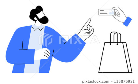 Online shopping, e-commerce, digital payment, retail services, transaction, consumer behavior. Man gesturing to a shopping bag while a hand holds a credit card. Online shopping and e-commerce concept 135876951