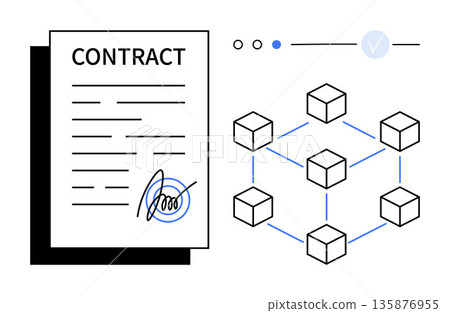 Blockchain technology, smart contracts, digital security, legal agreements, decentralized systems, fintech innovation. Signed contract with blockchain network illustration. Blockchain and smart 135876955