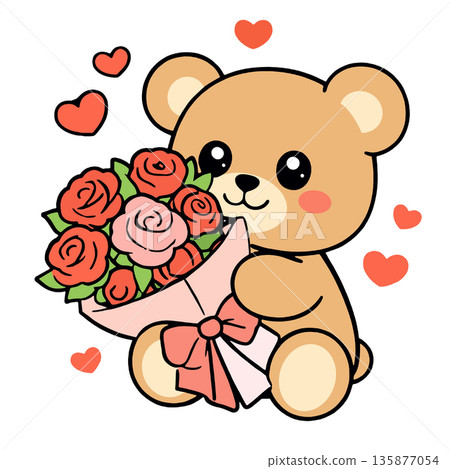 Cute bear holding rose bouquet, surrounded by hearts, cheerful and romantic cartoon style Cute bear holding rose bouquet, surrounded by hearts, cheerful and romantic cartoon style 135877054