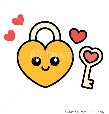 Heart lock key cute cartoon love happy smile red yellow white background 135877072