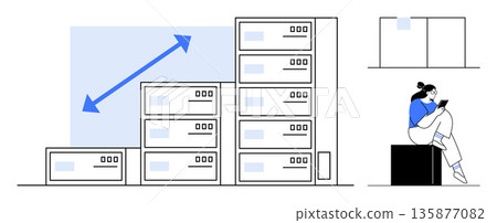 Data storage, technology scalability, information management, server infrastructure, network systems, digital solutions. Server racks with growth arrow and a person reading. Data storage 135877082