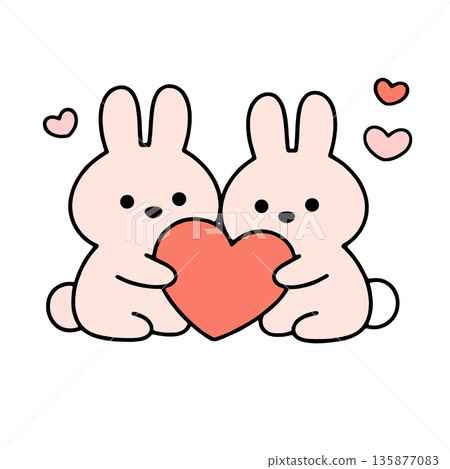 Two cute cartoon rabbits holding red heart, surrounded by small pink and red hearts, on white Two cute cartoon rabbits holding red heart, surrounded by small pink and red hearts, on white 135877083
