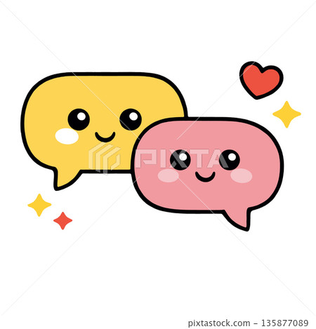 Cute yellow and pink speech bubble with smiling face, heart and sparkle, cheerful cartoon style 135877089