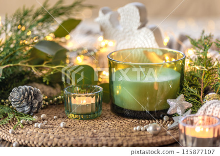 Cozy Christmas composition. Christmas candle. Cozy Christmas composition. Christmas candle. 135877107