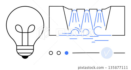 Innovation, efficiency, manufacturing, engineering, technology, idea development. Light bulb alongside abstract manufacturing or technology process imagery. Innovation and efficiency visually 135877111