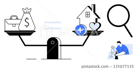 Financial equality, resource distribution, societal balance, priorities, healthcare needs, magnification. Scale balancing money bag and home with symbols of health. Financial equality and resource Financial equality, resource distribution, societal balance, priorities, healthcare needs, magnification. Scale balancing money bag and home with symbols of health. Financial equality and resource 135877135