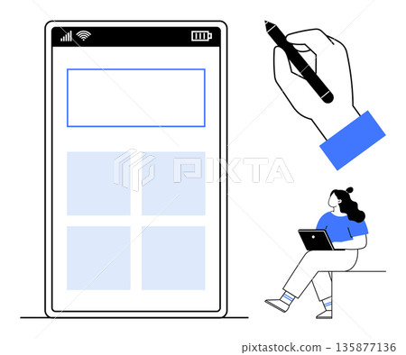 Mobile app design, user interface, digital communication, remote work, connectivity, technology learning. Smartphone with app interface, person using a tablet stylus illustration. Mobile app design Mobile app design, user interface, digital communication, remote work, connectivity, technology learning. Smartphone with app interface, person using a tablet stylus illustration. Mobile app design 135877136