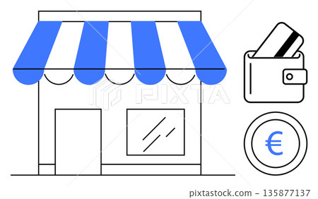 Retail, e-commerce, small business, digital payments, shopping, financial solutions. Blue striped storefront with a wallet holding cards and a euro symbol. Retail and e-commerce concept Retail, e-commerce, small business, digital payments, shopping, financial solutions. Blue striped storefront with a wallet holding cards and a euro symbol. Retail and e-commerce concept 135877137
