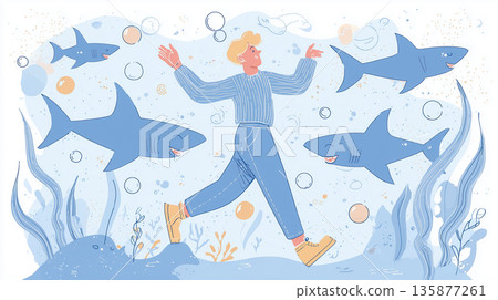 Shark Week. Illustration of a cheerful young man walking through an underwater scene surrounded by friendly sharks, bubbles, and colorful seaweed, creating a whimsical aquatic atmosphere 135877261