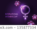 International Women Day digital celebration vector, Futuristic glowing female symbol with flowers 135877334