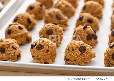 Chocolate chip cookie dough scooped on a baking sheet ready to be baked or frozen 135877348