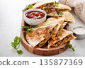 Ground turkey and cheddar quesadillas with salsa 135877369