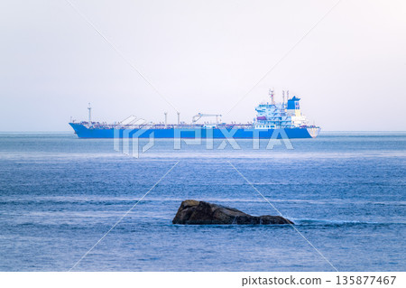 Cargo Ship at Anchor Offshore of Keelung Waimushan Taiwan. 135877467