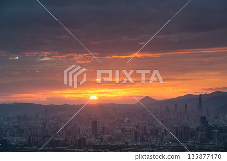 Dadao Mountain Shulin Taiwan Sunrise Golden Sun Orange Sky Taipei Silhouette. Dadao Mountain Shulin Taiwan Sunrise Golden Sun Orange Sky Taipei Silhouette. 135877470