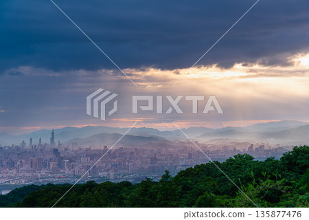 Dramatic Rain and Light over Taipei from Shulin Dadao Mountain. Dramatic Rain and Light over Taipei from Shulin Dadao Mountain. 135877476