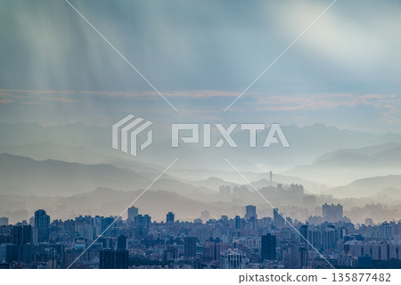 Dramatic Rain and Light over Taipei from Shulin Dadao Mountain. Dramatic Rain and Light over Taipei from Shulin Dadao Mountain. 135877482