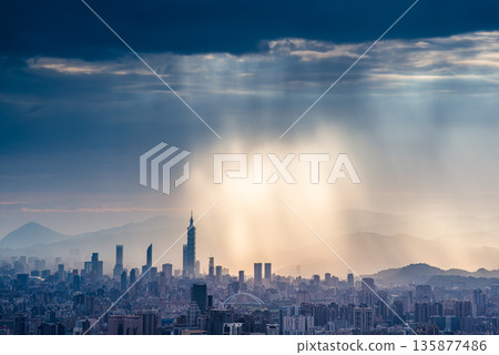 Dramatic Rain and Light over Taipei from Shulin Dadao Mountain. Dramatic Rain and Light over Taipei from Shulin Dadao Mountain. 135877486