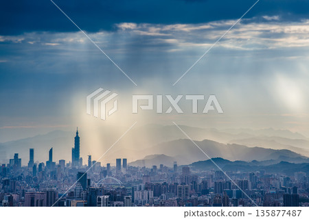 Dramatic Rain and Light over Taipei from Shulin Dadao Mountain. Dramatic Rain and Light over Taipei from Shulin Dadao Mountain. 135877487