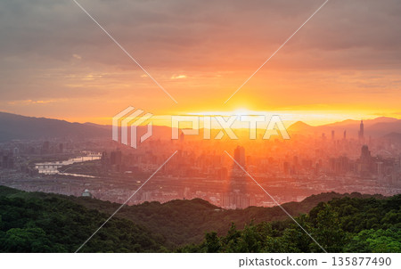Misty Dawn Sunrise from Dadao Mountain in Shulin Taiwan. Misty Dawn Sunrise from Dadao Mountain in Shulin Taiwan. 135877490