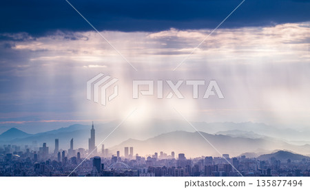 Dramatic Rain and Light over Taipei from Shulin Dadao Mountain. Dramatic Rain and Light over Taipei from Shulin Dadao Mountain. 135877494
