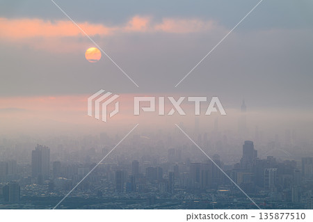 Ethereal Sunrise with Peeking Sun from Dadao Mountain Shulin Taiwan. Ethereal Sunrise with Peeking Sun from Dadao Mountain Shulin Taiwan. 135877510