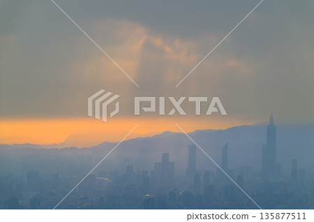 Dreamy Taipei City Dawn Panorama from Dadao Mountain Shulin Taiwan. 135877511