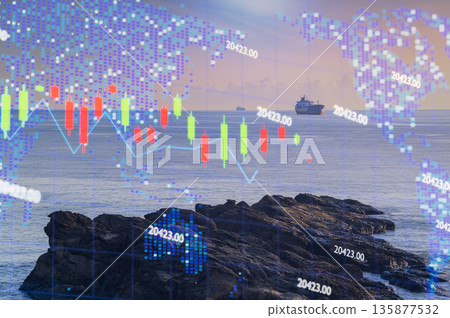Financial trading candlestick chart overlay on Keelung coastal sunset, Taiwan Financial trading candlestick chart overlay on Keelung coastal sunset, Taiwan 135877532