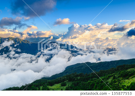 Hehuanshan Mountain Road Above Sea of Clouds Under Clear Blue Sky. Hehuanshan Mountain Road Above Sea of Clouds Under Clear Blue Sky. 135877553