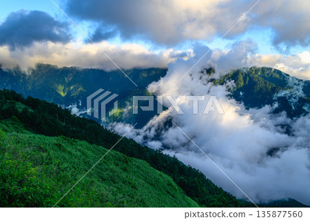 Scenic Mountain Hehuan Autumn Views with Rolling Clouds, Taiwan. Scenic Mountain Hehuan Autumn Views with Rolling Clouds, Taiwan. 135877560
