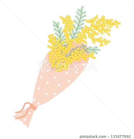 Bouquet of yellow mimosa wrapped in decorative paper with heart, tied with a ribbon. Floral illustration in a soft, elegant style for spring holidays 135877692