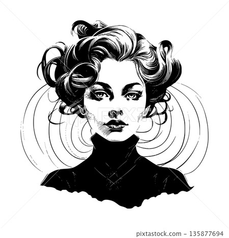 Ink drawing portrait of young woman with voluminous wavy hair glancing sideways mysteriously on white background 135877694