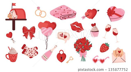 A collection of romantic Valentine's Day love symbols. Cute hearts, roses, gifts, balloons, chocolates, wine glasses, and other love-themed objects A collection of romantic Valentine's Day love symbols. Cute hearts, roses, gifts, balloons, chocolates, wine glasses, and other love-themed objects 135877752