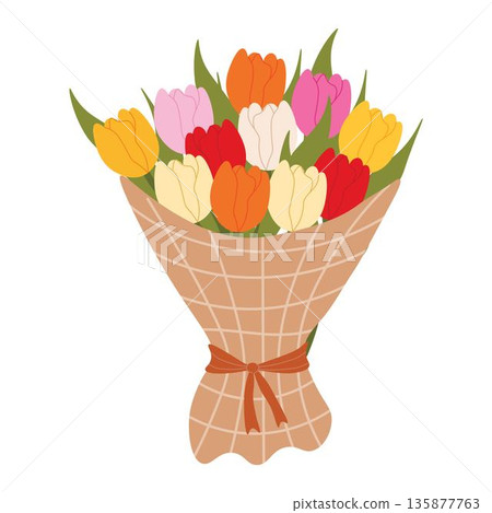 Bouquet of coloured tulips wrapped in decorative paper, tied with a ribbon. Floral illustration in a soft, elegant style for spring holidays and Mother's Day 135877763