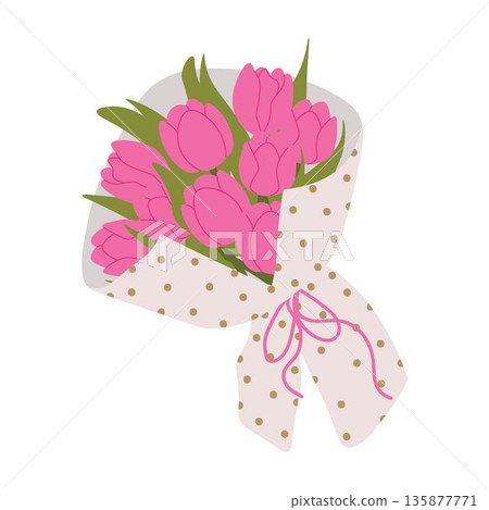 Bouquet of pink tulips wrapped in decorative paper with dots,, tied with a ribbon. Floral illustration in a soft, elegant style for spring holidays and Mother's Day 135877771