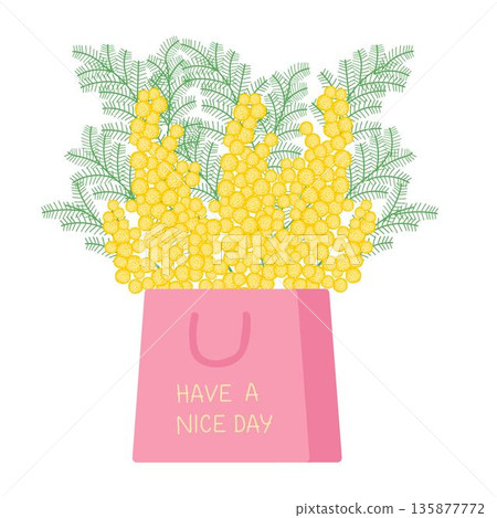 Bouquet of yellow mimosa in a pink gift box. Floral illustration in a soft, elegant style for spring holidays 135877772