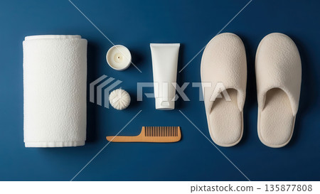 Towel warmer with spa essentials including white towel, cream slippers, comb, candle, and lotion tube arranged on a blue background for a relaxing atmosphere and self-care concept 135877808
