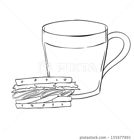 Coffee drink, food, coffee, cup, fast, lunch, sandwich, composition hand drawn illustration. Vector graphic line ink Black and white art. for package, holiday design, fabric and textile. 135877891