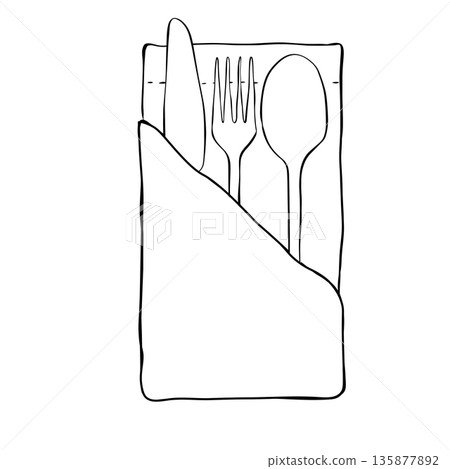 Hand drawn table setting. Outline illustration of napkin and cutlery. Vector illustration of doodle table setting. composition hand drawn illustration. Vector graphic line ink Black and white art. Hand drawn table setting. Outline illustration of napkin and cutlery. Vector illustration of doodle table setting. composition hand drawn illustration. Vector graphic line ink Black and white art. 135877892