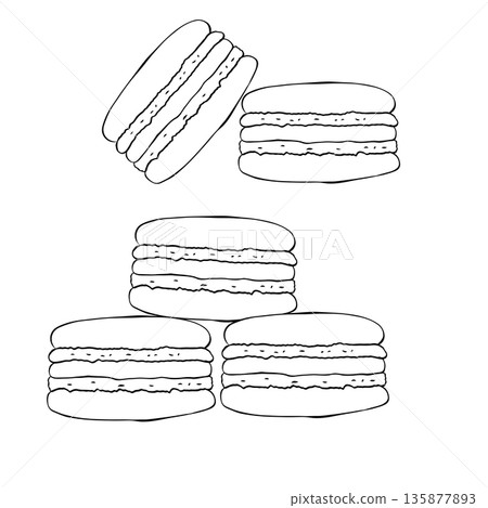 Colorful Macarons Stack Vector Illustration composition hand drawn illustration. Vector graphic line ink Black and white art. For logo, web, package, sticker. 135877893