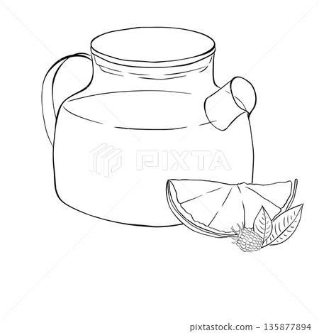 Glass teapot filled with warm red spiced tea containing orange slices, composition hand drawn illustration. Vector graphic line ink Black and white art. for cooking, condiment and culinary ingredient Glass teapot filled with warm red spiced tea containing orange slices, composition hand drawn illustration. Vector graphic line ink Black and white art. for cooking, condiment and culinary ingredient 135877894