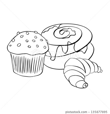 Bakery stickers in retro cartoon style. Muffin, cinnamon, croissant Freshly baked collection doodle illustration composition hand drawn illustration. Vector graphic line ink Black and white art. 135877895
