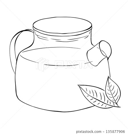 Green tea ceremony elements including a teapot whisk powder and prepared tea. composition hand drawn illustration. Vector graphic line Black and white ink art. 135877906