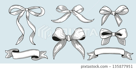 Hand-drawn decorative festive bows and ribbons detailed graphic illustration, all the elements are isolated 135877951