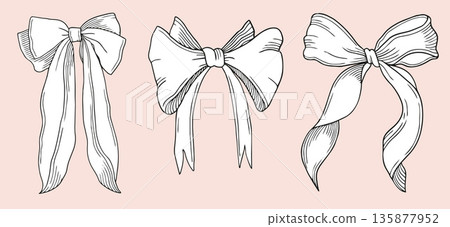 Hand-drawn decorative festive bows detailed graphic illustration on pink background, all the elements are isolated Hand-drawn decorative festive bows detailed graphic illustration on pink background, all the elements are isolated 135877952