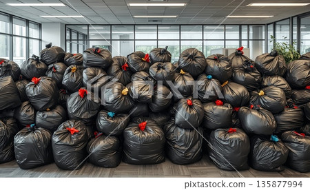 A huge number of filled trash bags in a modern office. The concept of excess consumption, offline work, and the transition to cloud storage. 135877994