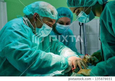 Surgeons in Scrubs Performing Advanced Operation in the Operating Room with Medical Team Surgeons in Scrubs Performing Advanced Operation in the Operating Room with Medical Team 135878031