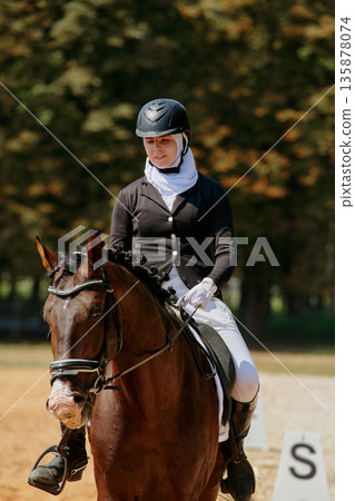 Equestrian dressage with a woman rider in hijab on a brown horse, performing in an outdoor arena, showcasing skill and tradition, a beautiful sunny day. 135878074
