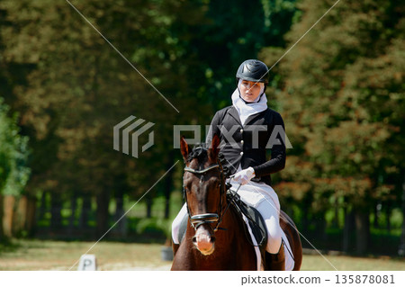 Equestrian Sport, Woman Riding Horse in Dressage Competition, Outdoor Scene with Natural Green Background, Horseback Riding, Dressage Training, Equestrian Lifestyle Equestrian Sport, Woman Riding Horse in Dressage Competition, Outdoor Scene with Natural Green Background, Horseback Riding, Dressage Training, Equestrian Lifestyle 135878081