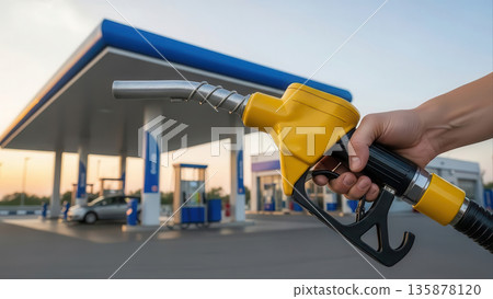Hand holding yellow fuel nozzle at gas station during sunset, with blurred background of pumps and vehicles, showcasing refueling process and modern convenience 135878120