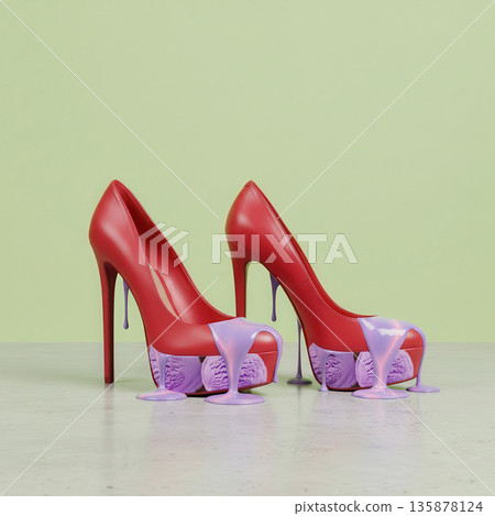 Stylish red high heels with unique purple and pink ice cream cone design, featuring melting ice cream drips, creating a playful and artistic footwear concept Stylish red high heels with unique purple and pink ice cream cone design, featuring melting ice cream drips, creating a playful and artistic footwear concept 135878124